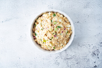 Canned Tuna red onion egg salad on the plate