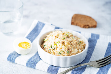 Canned Tuna red onion egg salad on the plate