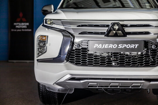 Moscow, Russia - February 17, 2021: All new Mitsubishi Pajero Sport. Details. Closeup of