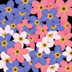 The flower pattern consists of a variety of colors such as purple, pink, white is stacked on top of each other. Flowers are Forget me not. 