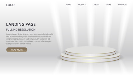 Landing page website template with round scene for product. Podium in white background with gold lines and light lights. Vector illustration concept of web page design for website. Landing web page.