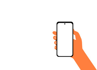Woman hand holds smart phone with white screen. Hand showing new smart phone with blank screen. Vector drawing EPS 10