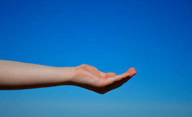 an outstretched female hand against a blue sky, the hand is turned palm up, fingers are folded together