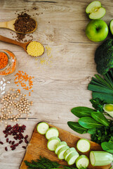 Vegetables and cereals are on the table.