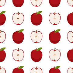 Seamless pattern with apples fruit and its half on a white background. Healthy natural food, vitamins. Organic, eco. Drawn by hands. It can be used for printing on textiles, wallpapers