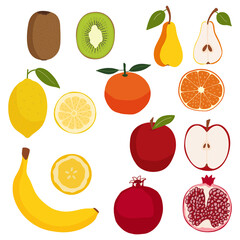 Fruit set. Healthy natural food with vitamins. Organic and eco. Hand drawn. Apple and kiwi and lemon and banana and orange and pear and pomegranate and their halves
