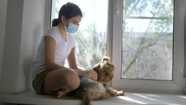 coronavirus pandemic concept. little teenage girl sitting in a medical mask at the window with a shaggy dog lifestyle. self-isolation concept virus covid 19 infection doomsday. sick child kid indoors