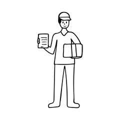 Doodle illustration of courier holding box. Hand drawn courier illustration with box. Courier delivery concept with drawn courier and box