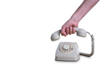 Human hand hanging Up The Phone on white background
