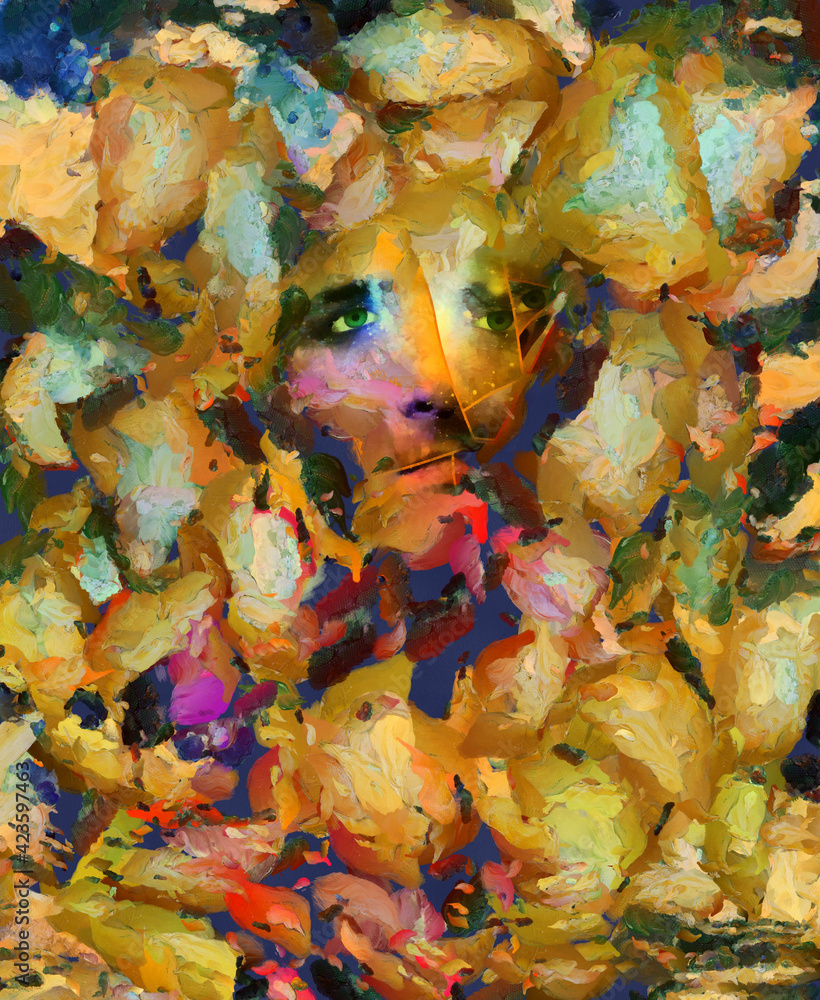 Poster man's face behind colorful rectangle layers