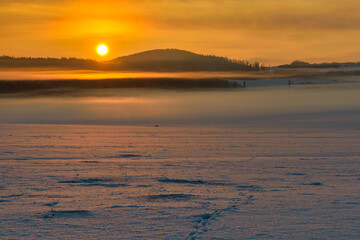 Sunrise over the Czech winter landscape, Czech Republic, Pilsen region