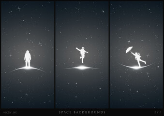 Astronaut in space. Flying cosmonaut silhouette set. Man with umbrella © arvitalya