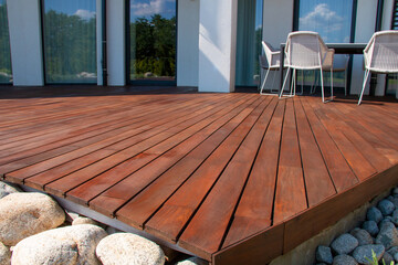 Ipe wood deck, modern house design with wooden patio, low angle view of tropical hardwood decking - obrazy, fototapety, plakaty