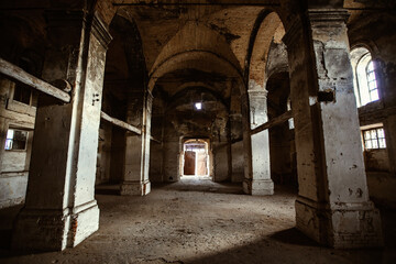 Interior of dark creepy abandoned lutheran church of the Virgin Mary