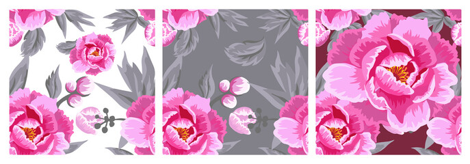 A seamless background with beautiful pink flowers. Peony buds. Dark and light background. Vector illustration