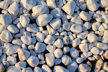 White wet spa pebbles, decorative smooth stones backdrop. Abstract relax natural background. Harmony nature concept for massage, meditation. Summer beach shapes