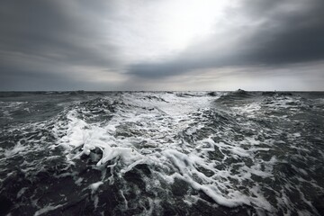 Glowing clouds above the sea. Waves, water splashes. Dramatic sky after the storm, epic seascape. A...