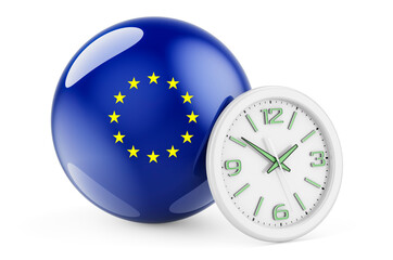 The EU flag with clock. Time in the European Union, 3D rendering