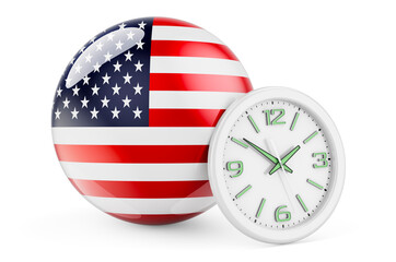 The United States flag with clock. Time in the USA, 3D rendering