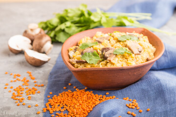 Lentils porridge with champignons. and coriander in a clay bowl on a gray concrete background. Side view, selective focus.