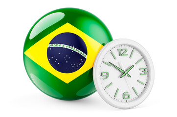 Brazilian flag with clock. Time in Brazil, 3D rendering