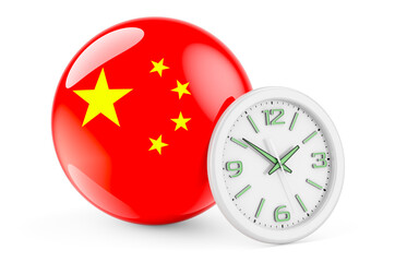 Chinese flag with clock. Time in China, 3D rendering