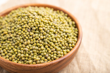 Wooden bowl with raw green mung bean on a white background. Side view, selective focus.