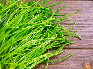 Bunch of raw salsola soda, also called agretti, barba di frate, barilla plant, opposite-leaved saltwort or monk's beard. Still life of mediterranean spring vegetables on wooden table. Flat lay.