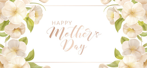 Mothers day holiday banner. Spring floral vector illustration. Greeting realistic cherry flowers card template - 423600404