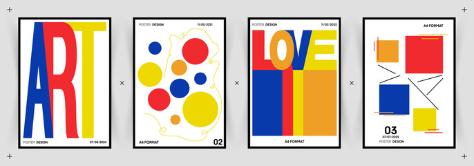 Typographic poster set with words "Art" and "Love" and retro hipster geometric elements. Blue, Yellow and Red colors. Constructivism and Bauhaus motive.
