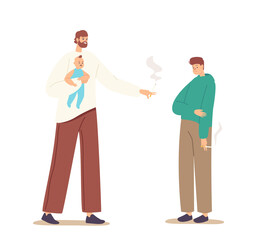 Smoking Father with Newborn Baby on Hands Blaming Teenage Son with Cigarette. Family Characters with Tobacco Addiction