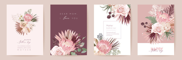 Mothers day floral vector card. Greeting protea flowers, palm leaves template design. Watercolor minimal postcard