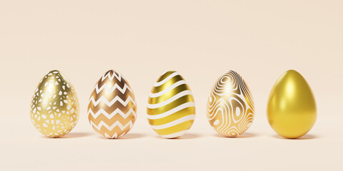 Set of Easter eggs decorated with golden textures and patterns on beige background, spring April holidays card, 3d illustration render