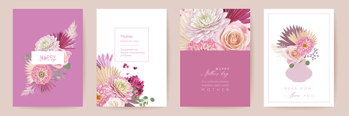 Happy Mothers day watercolor card set. Greeting mom postcard design. Vector rose, dahlia flowers