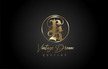 K gold golden alphabet letter icon logo. Vintage design concept for company and business. Corporate identity with black background and retro style