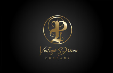 P gold golden alphabet letter icon logo. Vintage design concept for company and business. Corporate identity with black background and retro style
