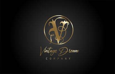 V gold golden alphabet letter icon logo. Vintage design concept for company and business. Corporate identity with black background and retro style
