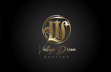 Fototapeta premium W gold golden alphabet letter icon logo. Vintage design concept for company and business. Corporate identity with black background and retro style