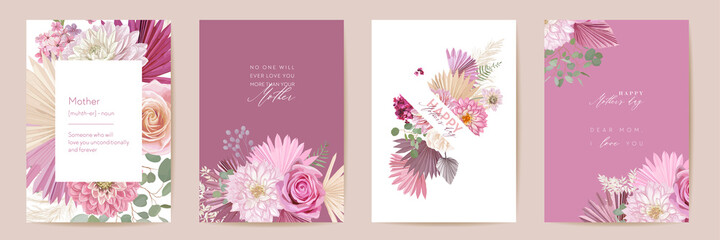Mother day floral greeting card. Watercolor minimal postcard set. Vector rose, dahlia flowers, palm leaves template