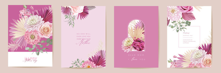 Mother day watercolor card set. Greeting mom minimal postcard design. Vector rose, dahlia flowers