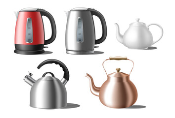 Kettles set. Modern and classic teapots: electric teakettles and tea pots for gas stove