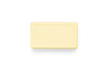 yellow soap bar isolated on white background. antibacterial soap brick cut out