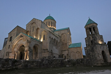 Bagarati (Bagrat, Bagrati's) Cathedral lighted at dusk, Kutaisi, Georgia,