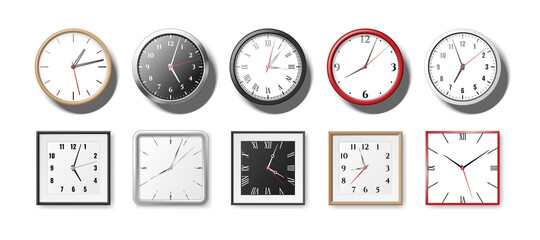 Set of realistic clocks and watches for office. Wall clocks round and square quartz clockwises