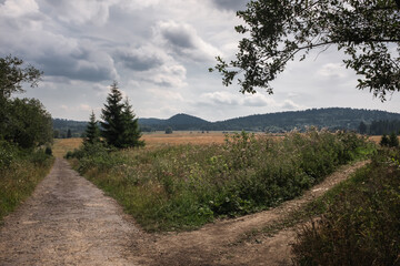 Crossroads of dirt roads in the Bieszczady National Park, Poland