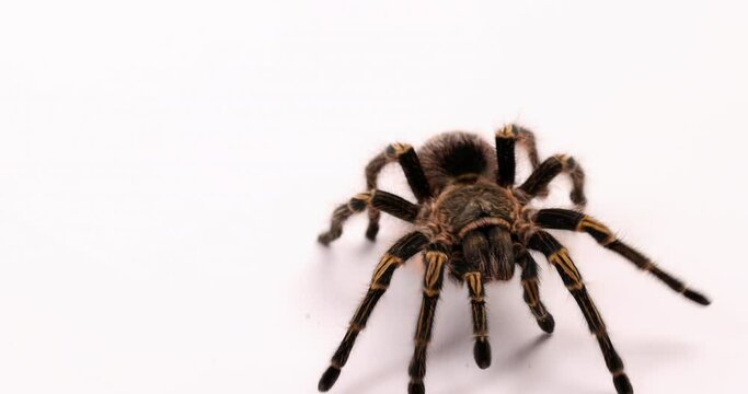 Tarantula spider walks towards camera - isolated on white background