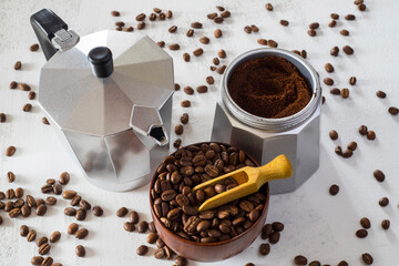 Moka pot. Espresso coffee making tool.