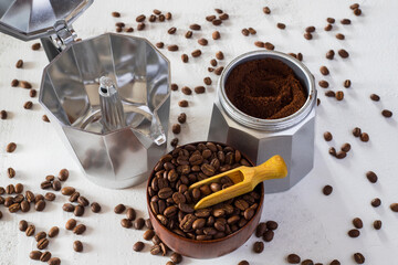 Moka pot. Espresso coffee making tool.