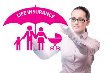 Life insurance concept with businesswoman pressing button
