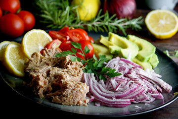 Tuna fish salad with avocado, tomato and purple onion
